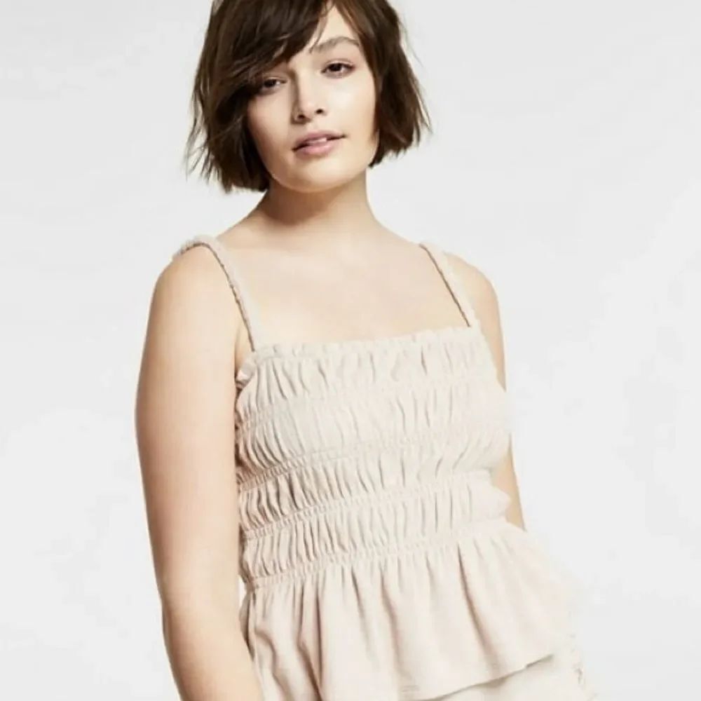 NWT Bar III Women's Square Neckline Terry Ruffled Smocked Top Naturally Nude XL